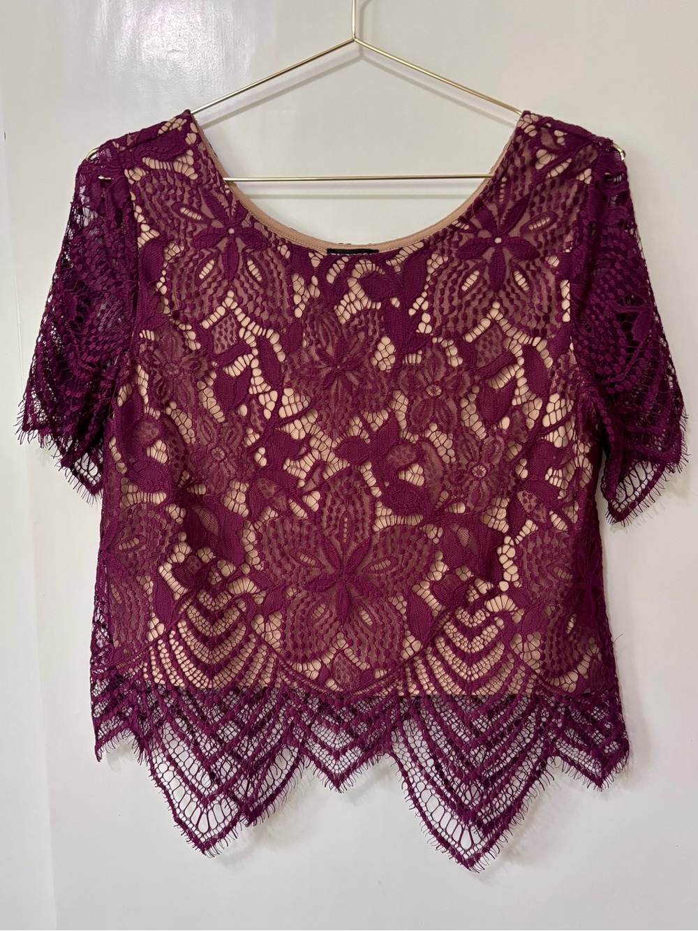 Express| Feminine Burgundy Lined Lace Short Sleeve Cropped Top/Blouse Sz S